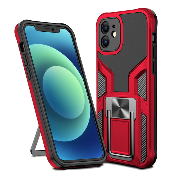 Apple iPhone 12 Case Rugged Drop-proof Mech Design with Impact Absorption & Magnetic Kickstand - Red