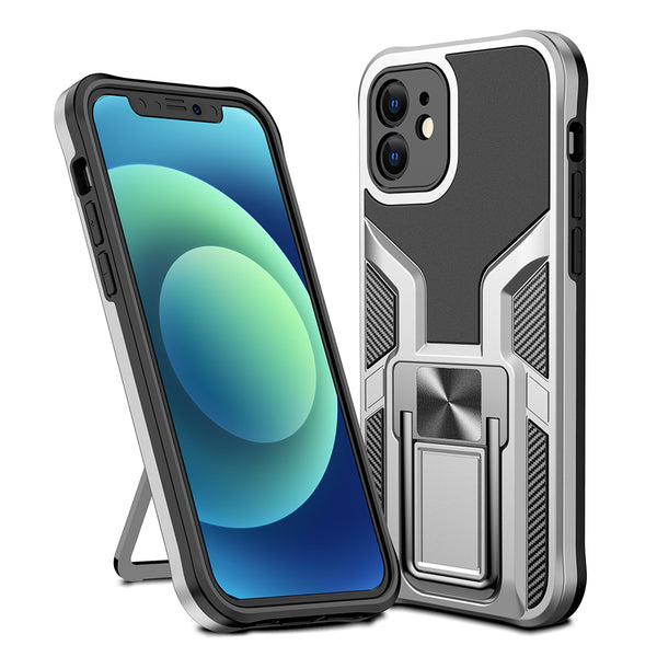 Apple iPhone 12 Case Rugged Drop-proof Mech Design with Impact Absorption & Magnetic Kickstand - Silver